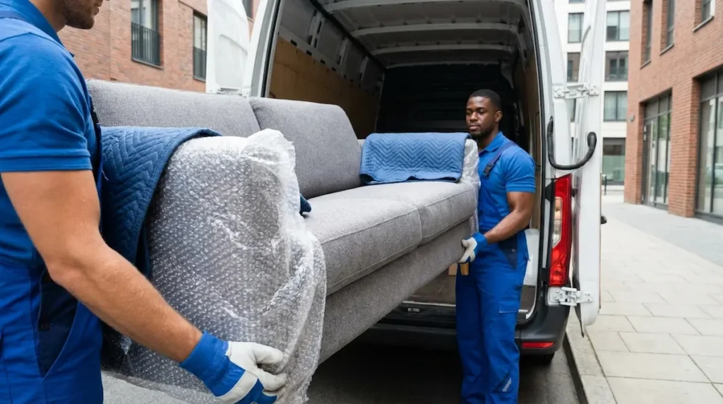 Servicio de portes y transporte de muebles sueltos cargando un sofá